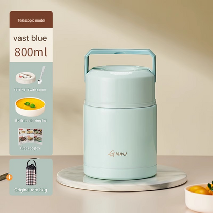 Blue 800ml Stainless Steel Thermal Stew Jar Portable Insulated Lunch Pot with Handle – Vacuum Insulated Soup Container(Retractable style)