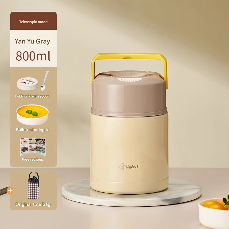 Brown 800ml Stainless Steel Thermal Stew Jar Portable Insulated Lunch Pot with Handle – Vacuum Insulated Soup Container(Retractable style)