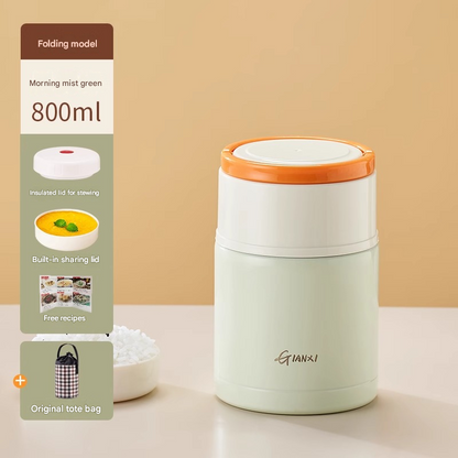 Green 800ml Stainless Steel Thermal Stew Jar Portable Insulated Lunch Pot with Handle – Vacuum Insulated Soup Container(Foldable model)