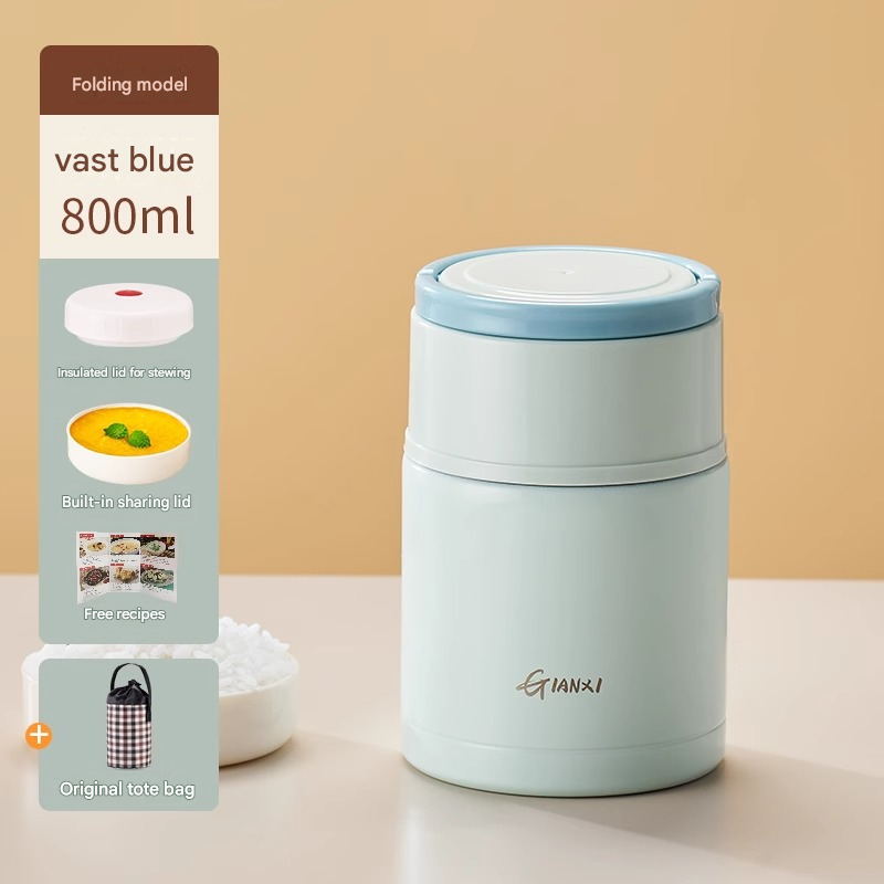 Blue 800ml Stainless Steel Thermal Stew Jar Portable Insulated Lunch Pot with Handle – Vacuum Insulated Soup Container(Foldable model)
