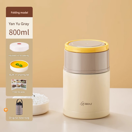 Brown 800ml Stainless Steel Thermal Stew Jar Portable Insulated Lunch Pot with Handle – Vacuum Insulated Soup Container(Foldable model)