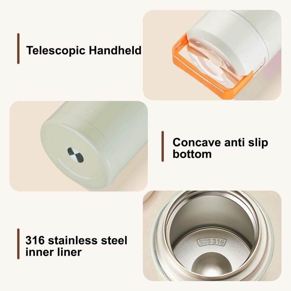 Brown 800ml Stainless Steel Thermal Stew Jar Portable Insulated Lunch Pot with Handle – Vacuum Insulated Soup Container(Foldable model)