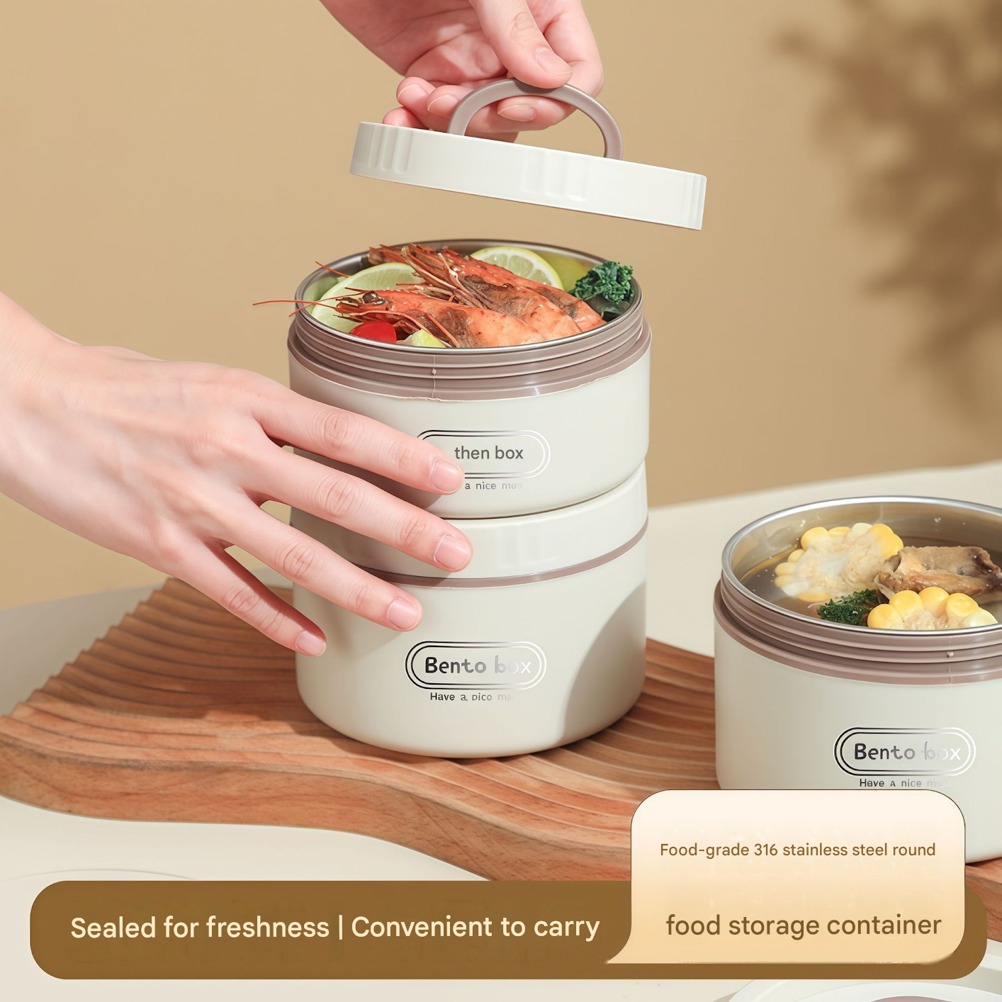 316 Stainless Steel Double Layer Insulated Lunch Box Microwave Safe Round Bento Box with Insulated Bag and Cutlery(1 large, 2 small)