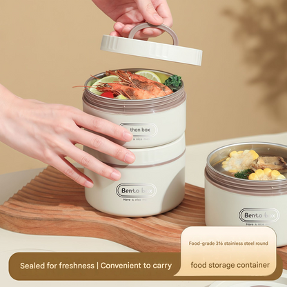 316 Stainless Steel Double Layer Insulated Lunch Box Microwave Safe Round Bento Box with Insulated Bag and Cutlery(1 large, 2 small)