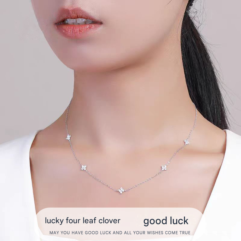 Silver Lucky Four Leaf Clover Necklace Women Delicate Clavicle Chain Sparkling Zirconia Charm Necklace Gift for Her
