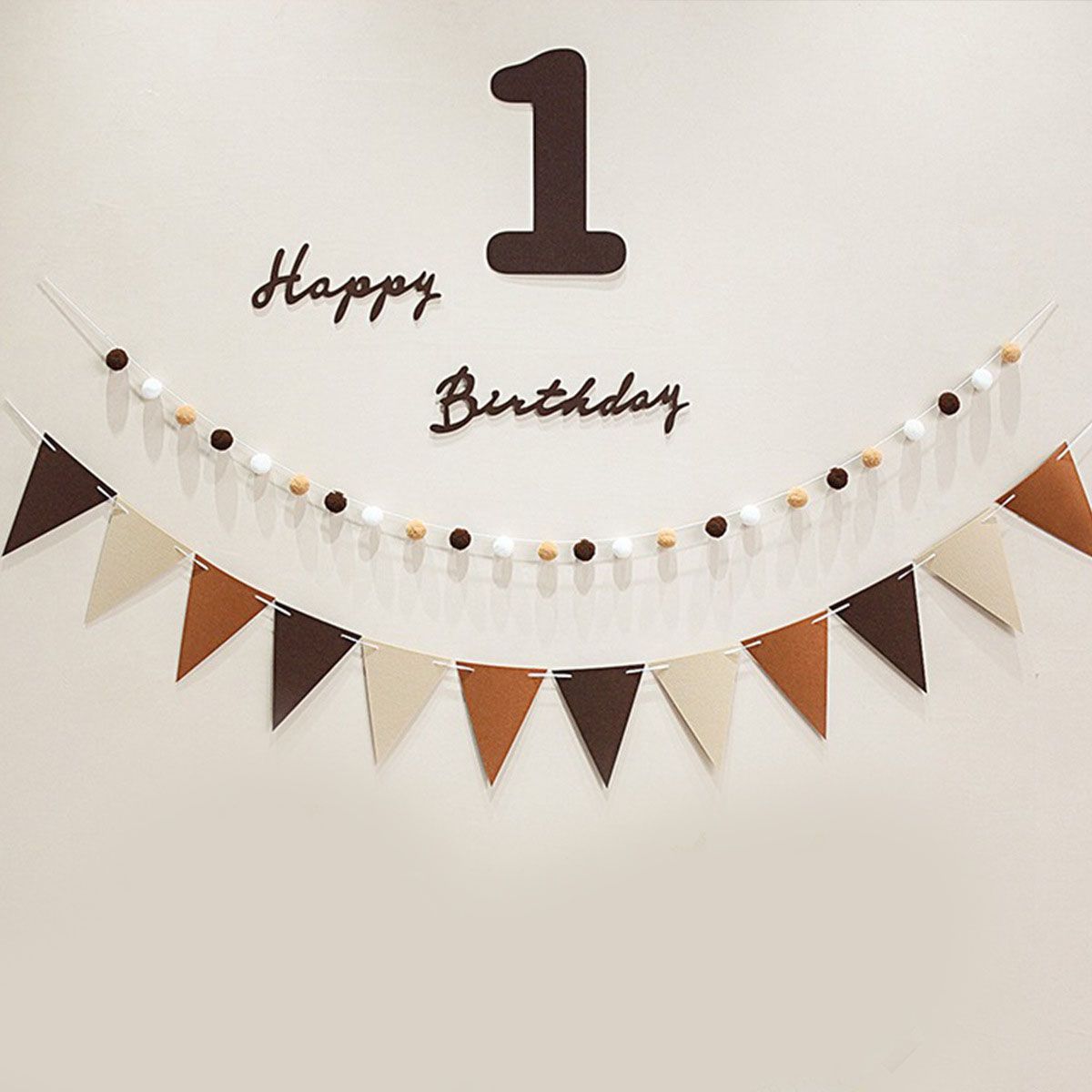 Felt Birthday Banner Set with Interchangeable Numbers 0-9 Pom Pom Garland Pennant Flags Happy Birthday Decoration