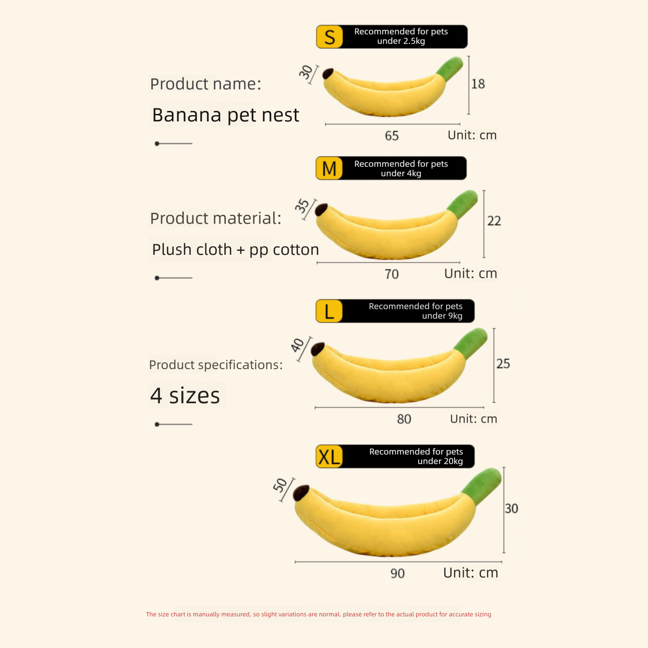 Banana Boat Pet Bed Plush Soft Dog Cat Nest with Cushion Warm Cozy Banana Shape Pet House for Small Medium Dogs Cats(Size: S)