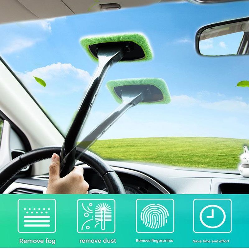Green Car Windshield Cleaning Brush with 5 Replacement Microfiber Pads Defogging Wiper Tool Glass Cleaner