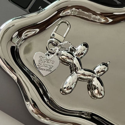 2-Piece Silver Balloon Dog Keychain Set with Heart Charm Bag Pendant Cute Couple Gift