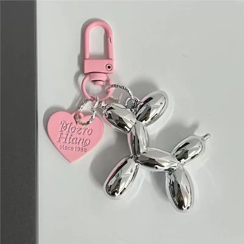 2-Piece Silver Balloon Dog Keychain Set with Heart Charm Bag Pendant Cute Couple Gift(Pink button)