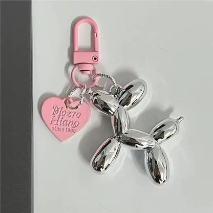 2-Piece Silver Balloon Dog Keychain Set with Heart Charm Bag Pendant Cute Couple Gift(Pink button)
