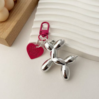 2-Piece Silver Balloon Dog Keychain Set with Heart Charm Bag Pendant Cute Couple Gift(Rose red button)
