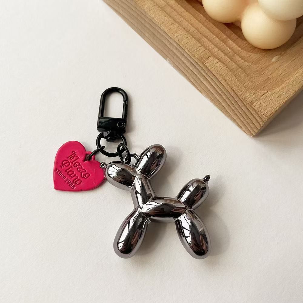 2-Piece Gun black Balloon Dog Keychain Set with Heart Charm Bag Pendant Cute Couple Gift
