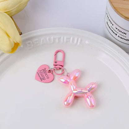 2-Piece Pink Balloon Dog Keychain Set with Heart Charm Bag Pendant Cute Couple Gift