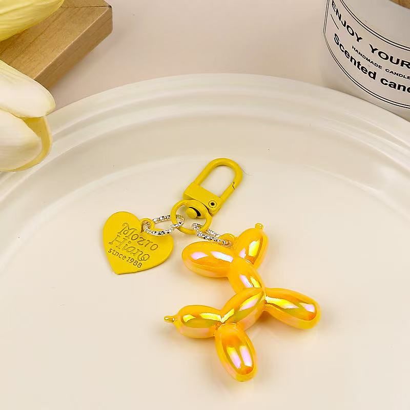 2-Piece Yellow Balloon Dog Keychain Set with Heart Charm Bag Pendant Cute Couple Gift