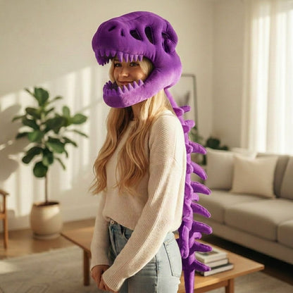 80CM Purple Funny Dinosaur Skeleton Plush Headwear – Quirky Bone Fossil Plushie Hat & Huggable Doll for Party Costumes and Birthday Gifts