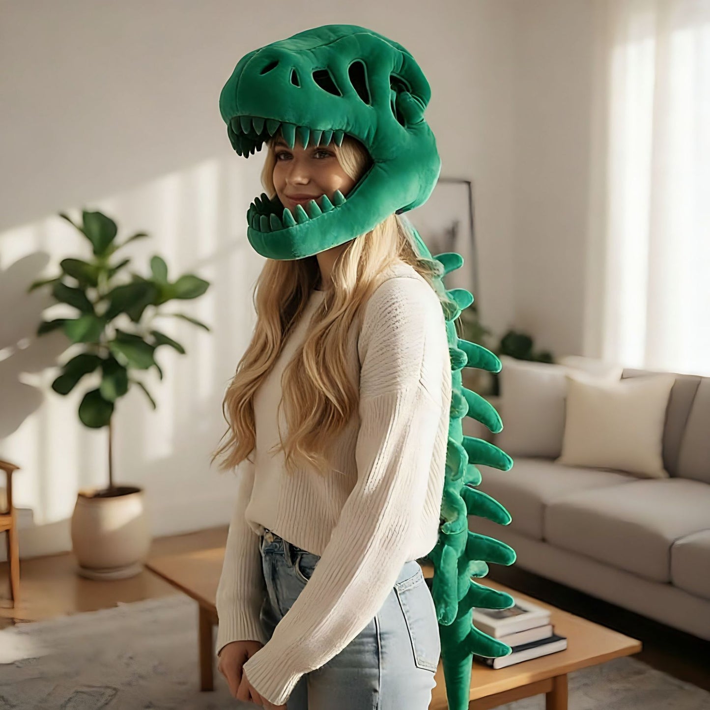 80CM Green Funny Dinosaur Skeleton Plush Headwear – Quirky Bone Fossil Plushie Hat & Huggable Doll for Party Costumes and Birthday Gifts