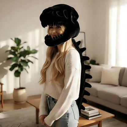 80CM Black Funny Dinosaur Skeleton Plush Headwear – Quirky Bone Fossil Plushie Hat & Huggable Doll for Party Costumes and Birthday Gifts