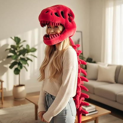 80CM Red Funny Dinosaur Skeleton Plush Headwear – Quirky Bone Fossil Plushie Hat & Huggable Doll for Party Costumes and Birthday Gifts