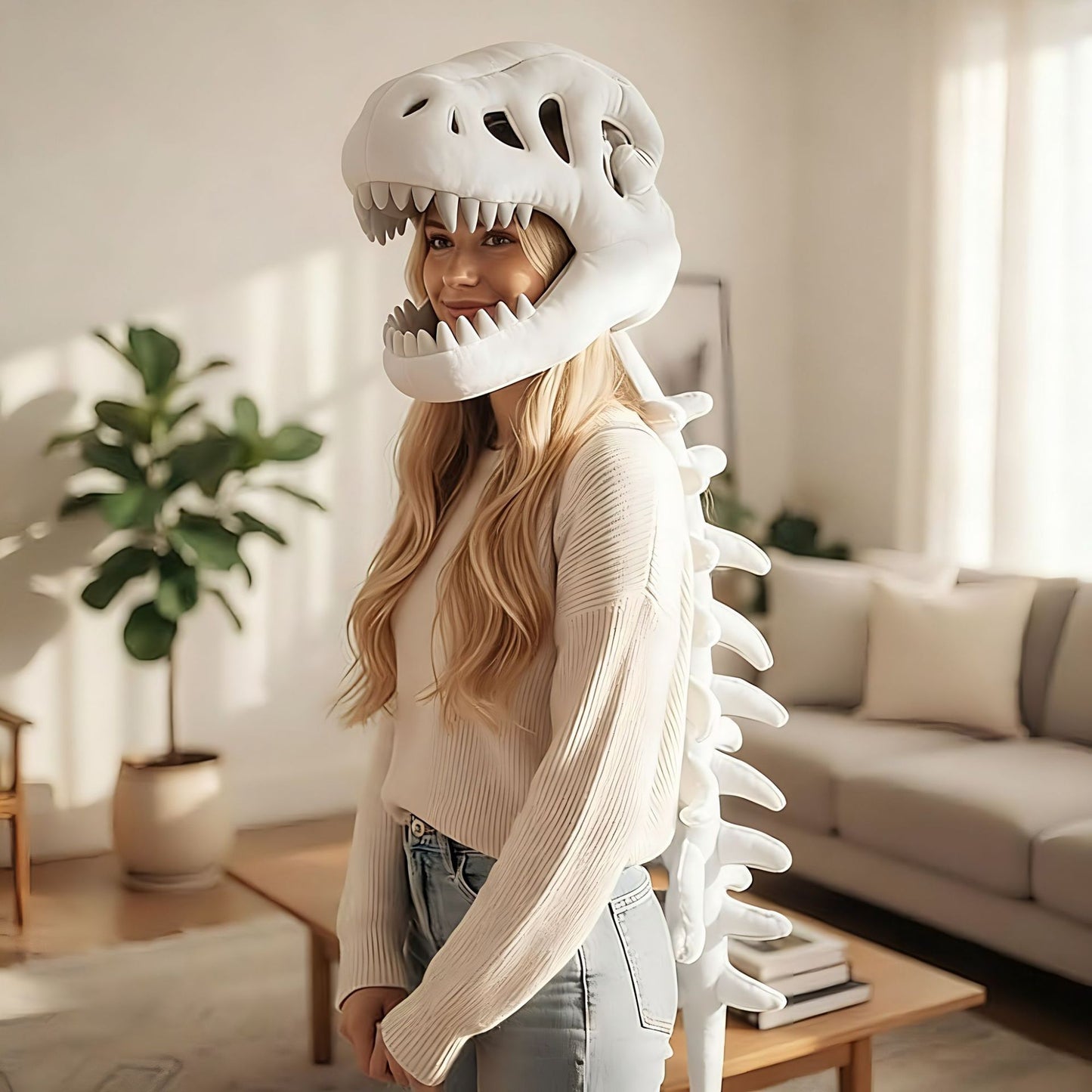 120CM White Funny Dinosaur Skeleton Plush Headwear – Quirky Bone Fossil Plushie Hat & Huggable Doll for Party Costumes and Birthday Gifts
