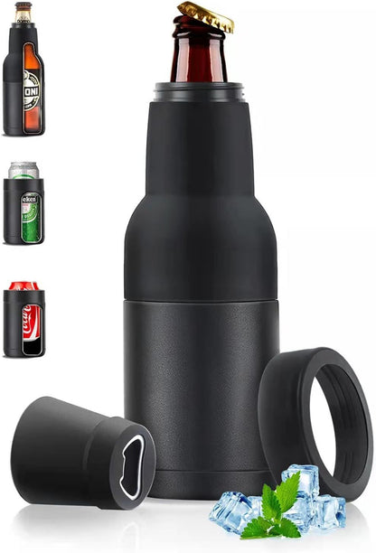3-in-1 Beer Bottle Insulated Tumbler and Can Cooler with Bottle Opener – Double Wall Stainless Steel Soda Can Insulator & Holder for Car Outdoor Beverage Storage, 12oz Black