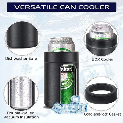 3-in-1 Beer Bottle Insulated Tumbler and Can Cooler with Bottle Opener – Double Wall Stainless Steel Soda Can Insulator & Holder for Car Outdoor Beverage Storage, 12oz Black