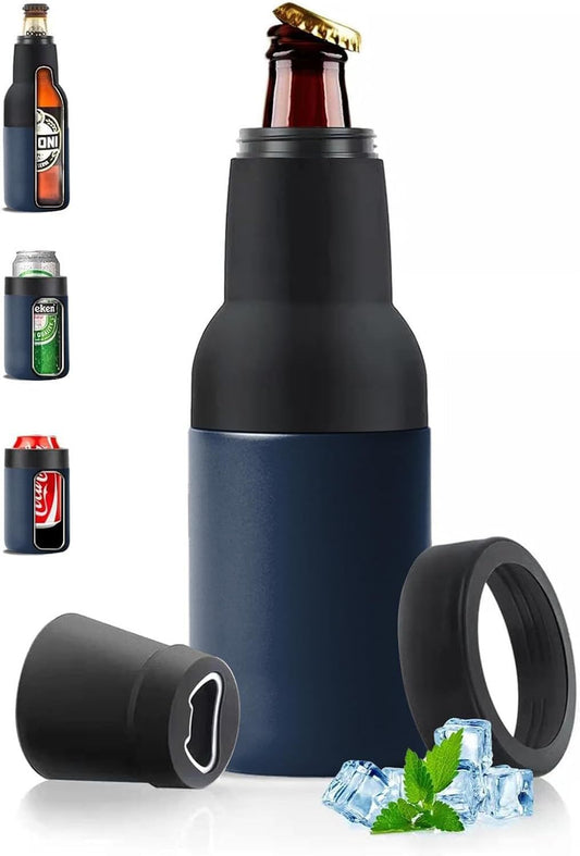 3-in-1 Beer Bottle Insulated Tumbler and Can Cooler with Bottle Opener – Double Wall Stainless Steel Soda Can Insulator & Holder for Car Outdoor Beverage Storage, 12oz Dark Blue