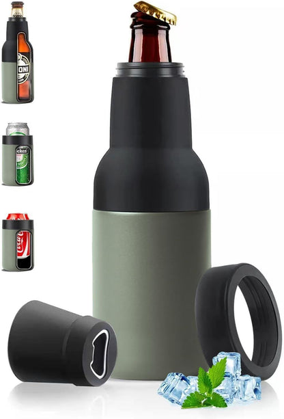 3-in-1 Beer Bottle Insulated Tumbler and Can Cooler with Bottle Opener – Double Wall Stainless Steel Soda Can Insulator & Holder for Car Outdoor Beverage Storage, 12oz Green
