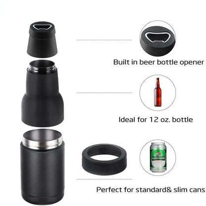 3-in-1 Beer Bottle Insulated Tumbler and Can Cooler with Bottle Opener – Double Wall Stainless Steel Soda Can Insulator & Holder for Car Outdoor Beverage Storage, 12oz Silver