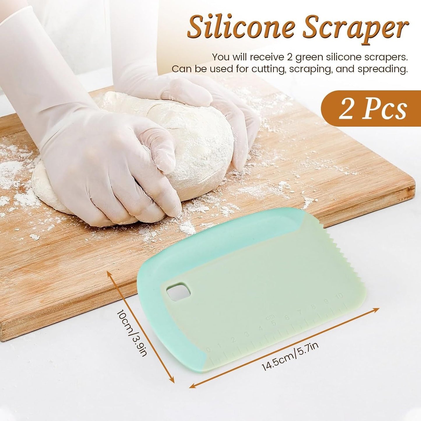 2-Pack Green Multipurpose Dough Scraper Cutter with TPE Soft Grip Handle, Dual Sided Scale & Serrated Edge - Pastry Bench Scraper for Baking, Pizza, Cake Decorating Kitchen Prep