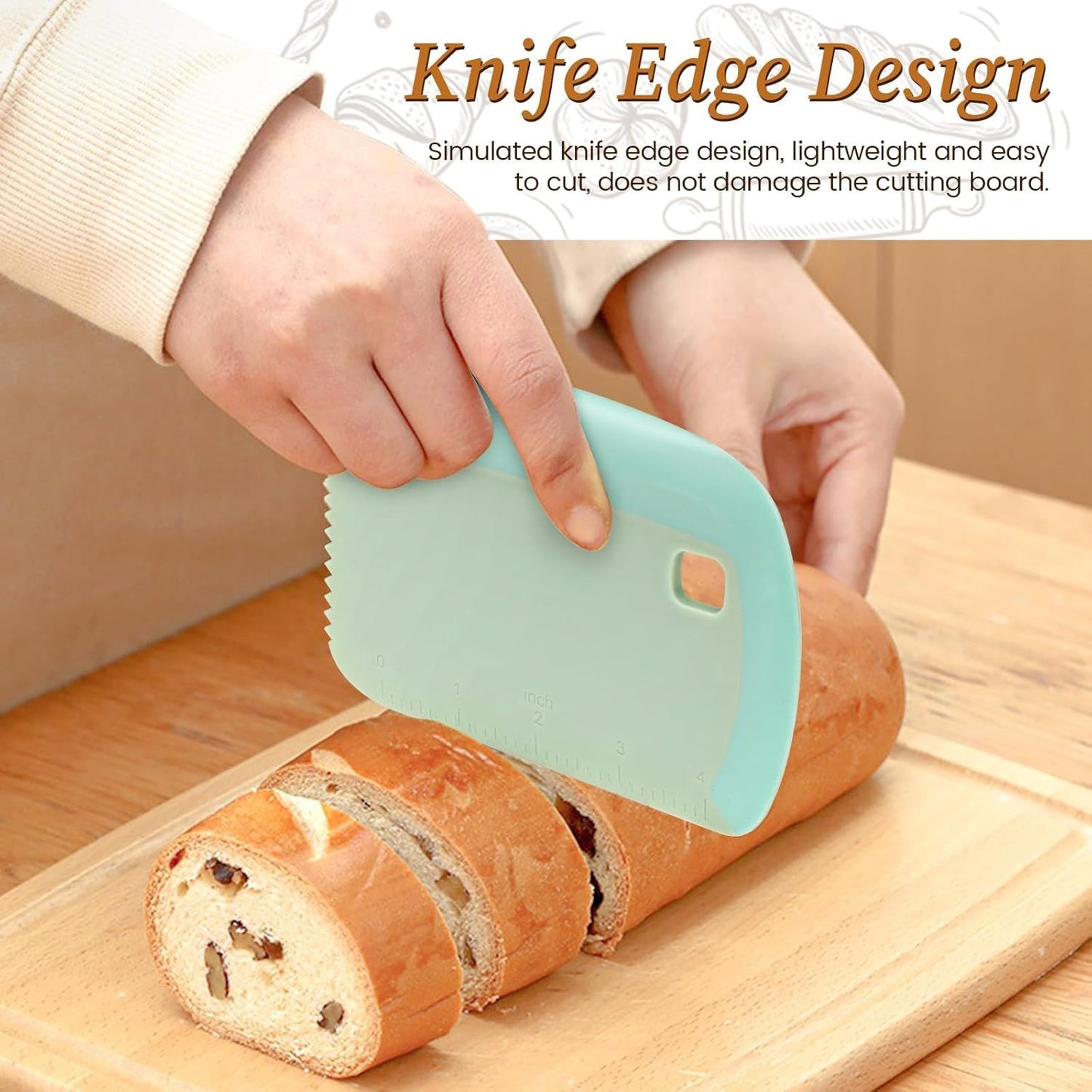 2-Pack Green Multipurpose Dough Scraper Cutter with TPE Soft Grip Handle, Dual Sided Scale & Serrated Edge - Pastry Bench Scraper for Baking, Pizza, Cake Decorating Kitchen Prep