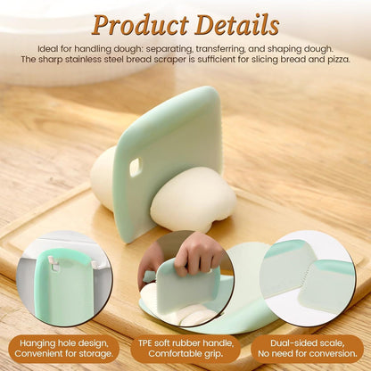 2-Pack Green Multipurpose Dough Scraper Cutter with TPE Soft Grip Handle, Dual Sided Scale & Serrated Edge - Pastry Bench Scraper for Baking, Pizza, Cake Decorating Kitchen Prep