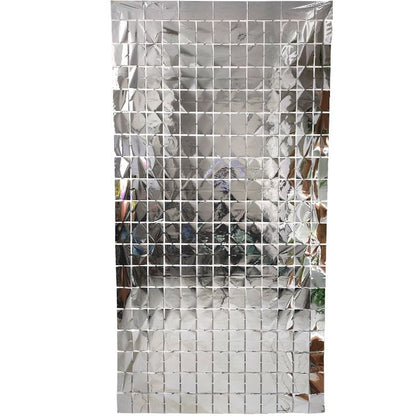 Silver 3D Shimmer Foil Fringe Square Cube Curtain (2 PCS) – 1m x 2m Self-Adhesive Metallic Backdrop for Birthdays, Weddings, and Party Wall Decor