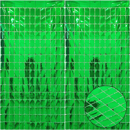 Green 3D Shimmer Foil Fringe Square Cube Curtain (2 PCS) – 1m x 2m Self-Adhesive Metallic Backdrop for Birthdays, Weddings, and Party Wall Decor