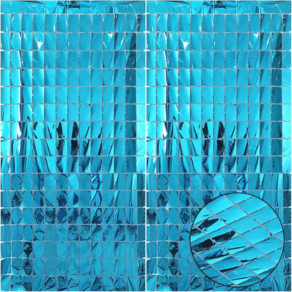 Blue 3D Shimmer Foil Fringe Square Cube Curtain (2 PCS) – 1m x 2m Self-Adhesive Metallic Backdrop for Birthdays, Weddings, and Party Wall Decor