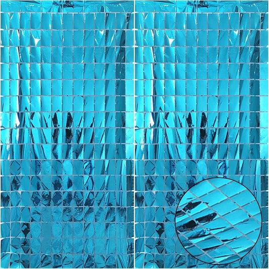 Blue 3D Shimmer Foil Fringe Square Cube Curtain (2 PCS) – 1m x 2m Self-Adhesive Metallic Backdrop for Birthdays, Weddings, and Party Wall Decor