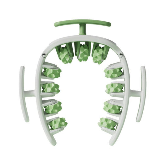 Green and White Multifunctional Ring Massage Roller with Detachable Handles - Dual Row 11 Wheel Manual Massager for Full Body Muscle Relief, 180 Degree Flexible Adjustable Width