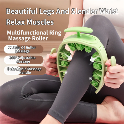 Pink and White Multifunctional Ring Massage Roller with Detachable Handles - Dual Row 11 Wheel Manual Massager for Full Body Muscle Relief, 180 Degree Flexible Adjustable Width