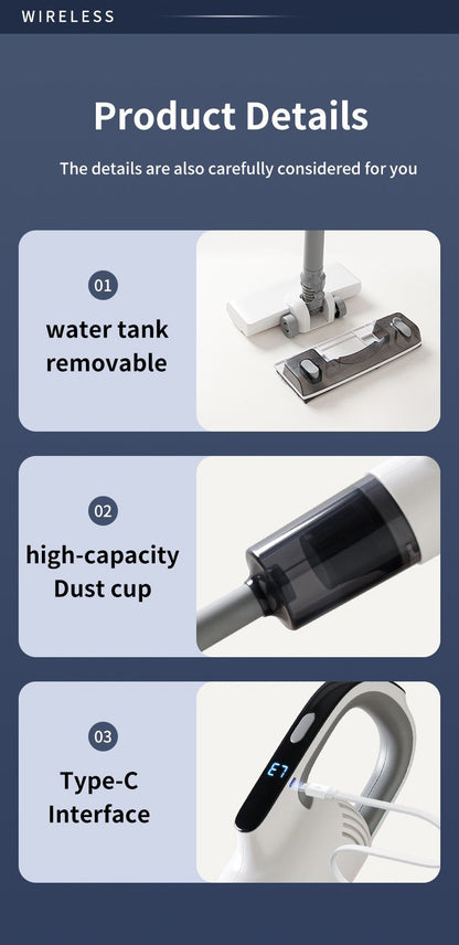 White Wireless Stick Vacuum and Stereoscopic Mop with 2 Filters, Swivel Brush Head and 106cm Handled Pole - One Click Operation, 19KPA Super Suction, 300ML Detachable Water Tank, 600ML Dust Cup for Floor Blind Spot and Wet Dry Dual Use