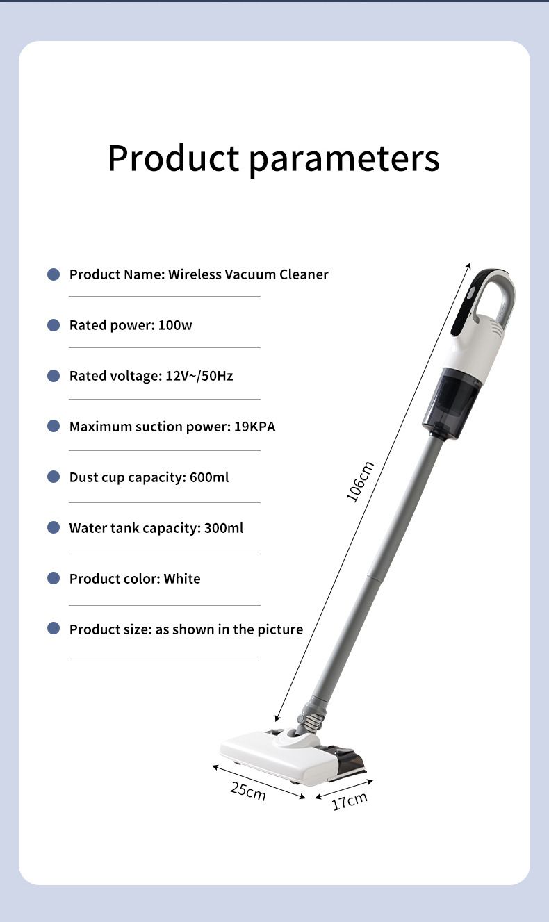 White Wireless Stick Vacuum and Stereoscopic Mop with 2 Filters, Swivel Brush Head and 106cm Handled Pole - One Click Operation, 19KPA Super Suction, 300ML Detachable Water Tank, 600ML Dust Cup for Floor Blind Spot and Wet Dry Dual Use
