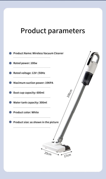 White Wireless Stick Vacuum and Stereoscopic Mop with 2 Filters, Swivel Brush Head and 106cm Handled Pole - One Click Operation, 19KPA Super Suction, 300ML Detachable Water Tank, 600ML Dust Cup for Floor Blind Spot and Wet Dry Dual Use