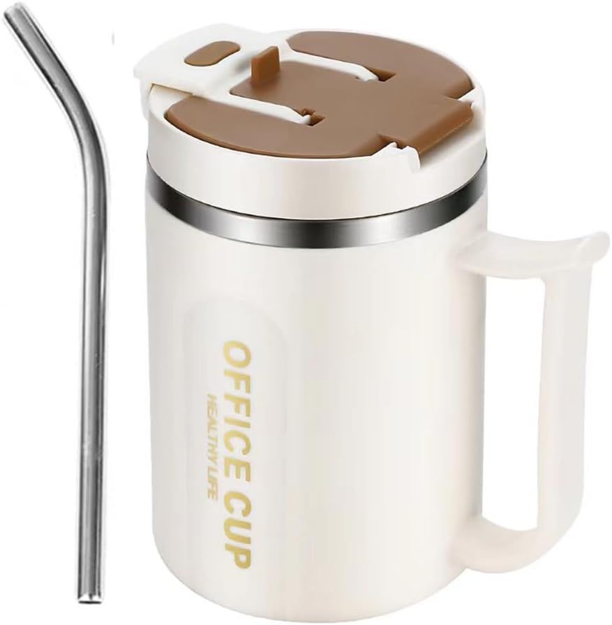 White and Brown 16oz Stainless Steel Office Mug with Phone Stand Lid, Straw and Spoon - 500ML Double Wall Insulated Coffee Cup, Wide Handle and 3 Drinking Ways