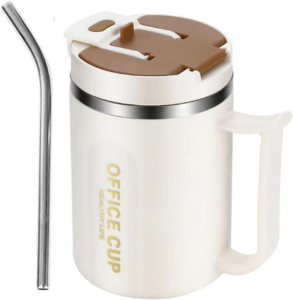 White and Brown 16oz Stainless Steel Office Mug with Phone Stand Lid, Straw and Spoon - 500ML Double Wall Insulated Coffee Cup, Wide Handle and 3 Drinking Ways