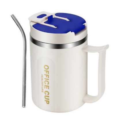 White and Blue 16oz Stainless Steel Office Mug with Phone Stand Lid, Straw and Spoon - 500ML Double Wall Insulated Coffee Cup, Wide Handle and 3 Drinking Ways