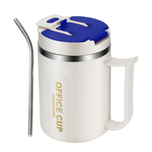 White and Blue 16oz Stainless Steel Office Mug with Phone Stand Lid, Straw and Spoon - 500ML Double Wall Insulated Coffee Cup, Wide Handle and 3 Drinking Ways