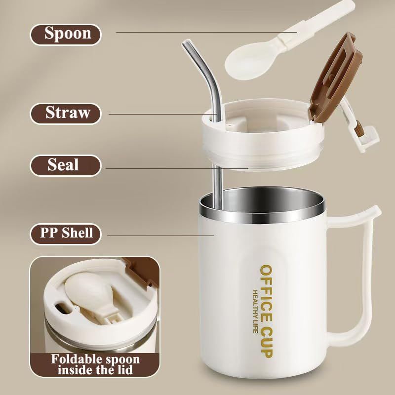 White and Blue 16oz Stainless Steel Office Mug with Phone Stand Lid, Straw and Spoon - 500ML Double Wall Insulated Coffee Cup, Wide Handle and 3 Drinking Ways