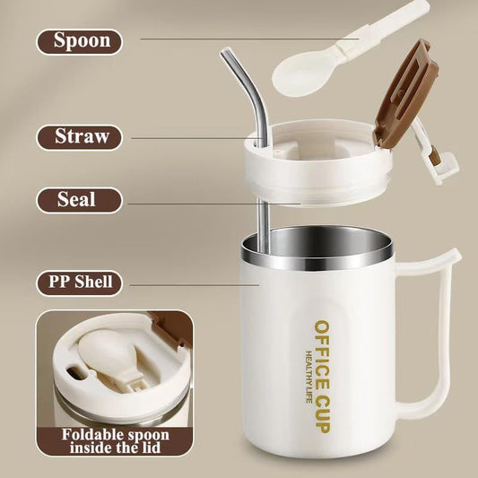 White and Blue 16oz Stainless Steel Office Mug with Phone Stand Lid, Straw and Spoon - 500ML Double Wall Insulated Coffee Cup, Wide Handle and 3 Drinking Ways