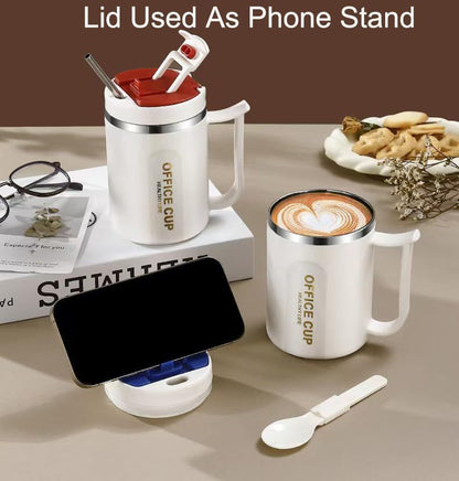 White and Blue 16oz Stainless Steel Office Mug with Phone Stand Lid, Straw and Spoon - 500ML Double Wall Insulated Coffee Cup, Wide Handle and 3 Drinking Ways