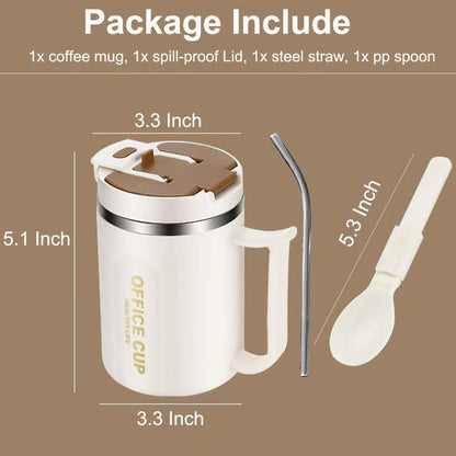 White and Blue 16oz Stainless Steel Office Mug with Phone Stand Lid, Straw and Spoon - 500ML Double Wall Insulated Coffee Cup, Wide Handle and 3 Drinking Ways