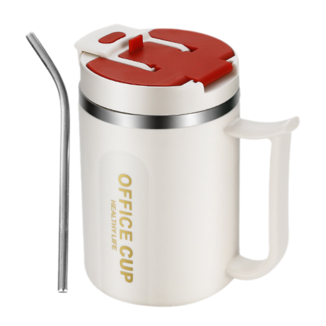 White and Red 16oz Stainless Steel Office Mug with Phone Stand Lid, Straw and Spoon - 500ML Double Wall Insulated Coffee Cup, Wide Handle and 3 Drinking Ways